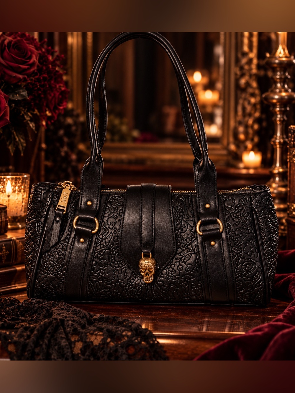 Betsey Johnson XOCARMY Floral Embossed Black Shoulder Bag w/Golden Skull Closure